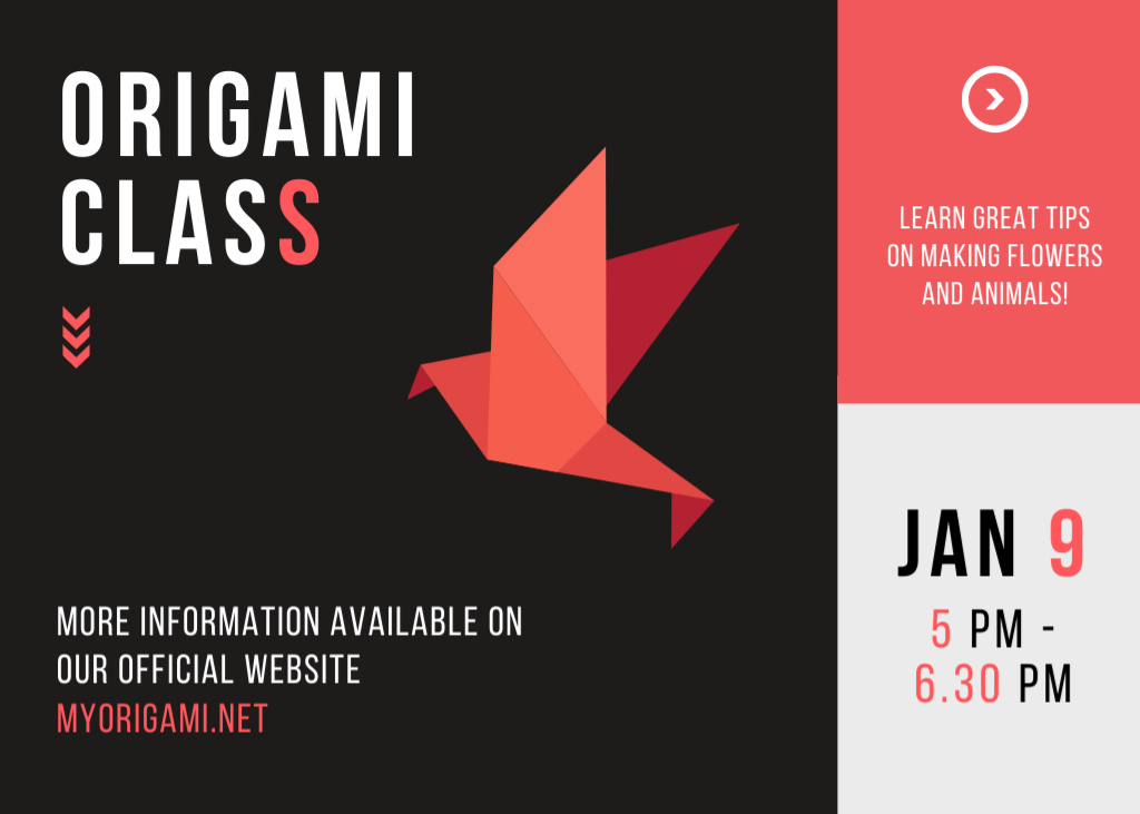 Origami Classes Event With Red Paper Bird Postcard 5x7in Πρότυπο σχεδίασης