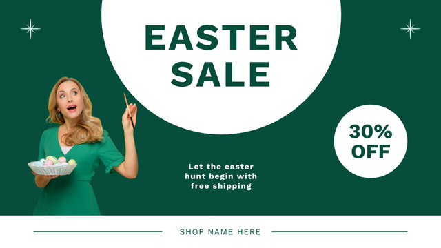 Template di design Easter Discount Offer with Woman Holding Plate with Painted Eggs FB event cover