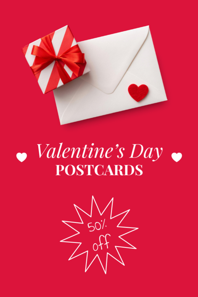 Valentine's Day Envelope And Present in Box Postcard 4x6in Vertical Design Template
