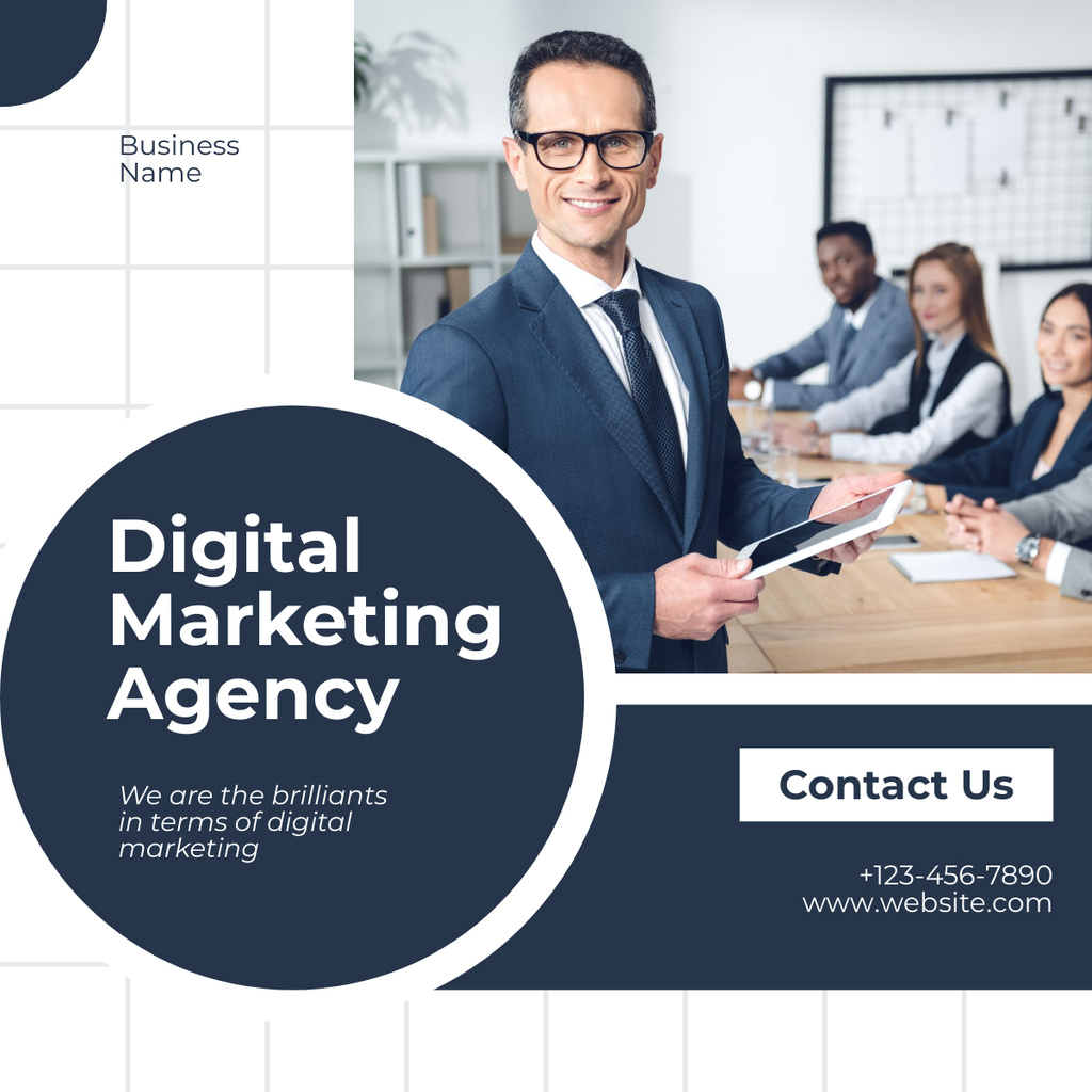 Digital Marketing Agency Promotion with Colleagues at Meeting LinkedIn post Šablona návrhu