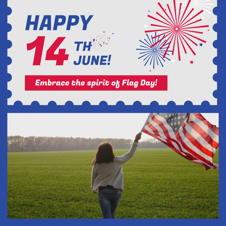 Boldog amerikai nő a pázsiton fut át a zászlóval Animated Post tervezősablon