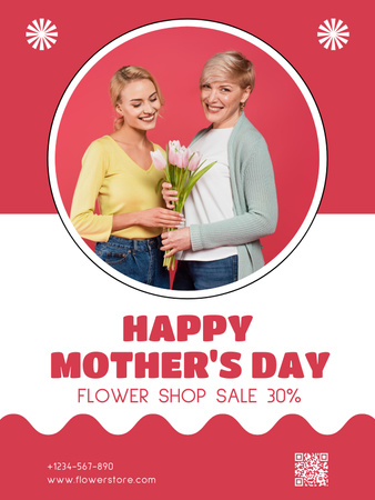 Aikuinen tytär äidin kanssa pitelemässä kukkakimppua äitienpäivänä Poster US Design Template