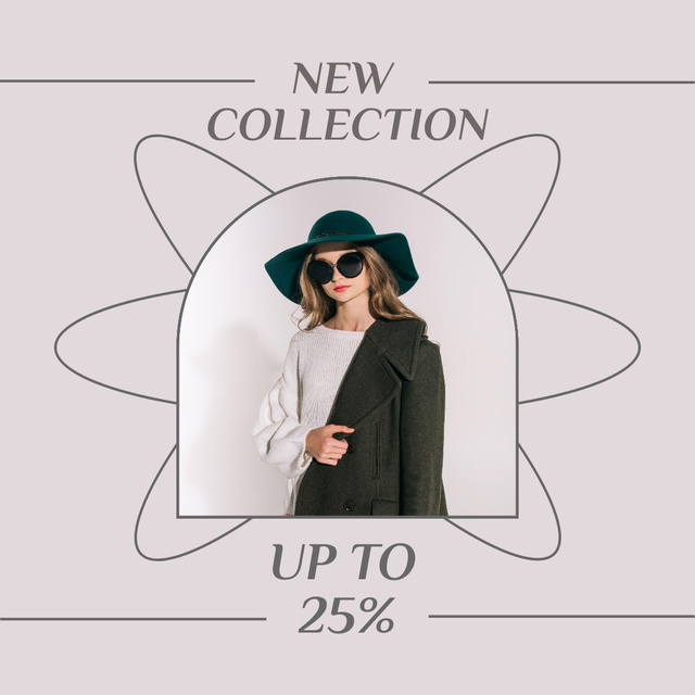New Arrival Fashion Collection with Woman in Hat and Coat Instagram Design Template