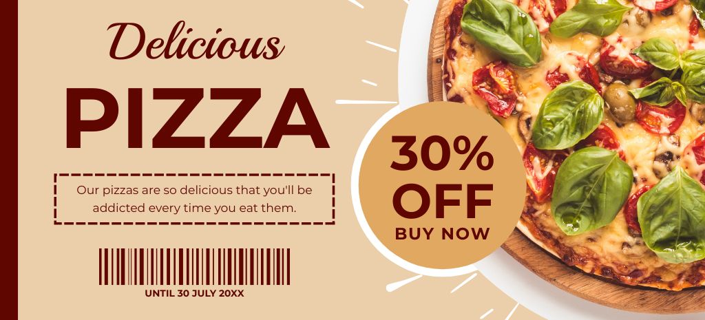 Discount on Delicious Pizza with Basil Coupon 3.75x8.25inデザインテンプレート