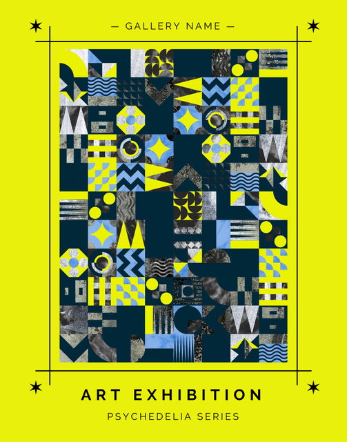 Psychedelic Exhibition Announcement with Bright Pattern in Yellow Frame Poster 22x28inデザインテンプレート