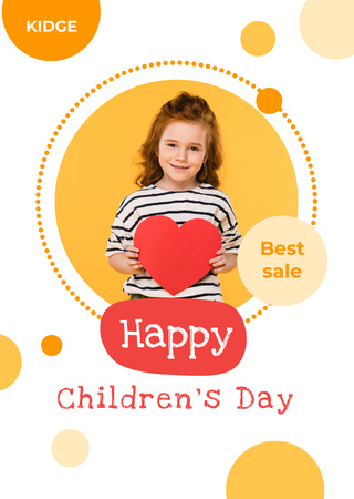 Children's Day With Little Girl Holding Heart Postcard A6 Vertical Design Template