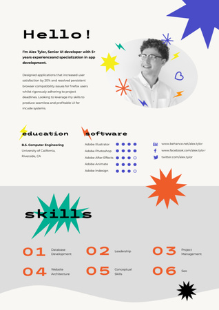 Web Developer Skills and Experience with Bright Stars Resume Design Template
