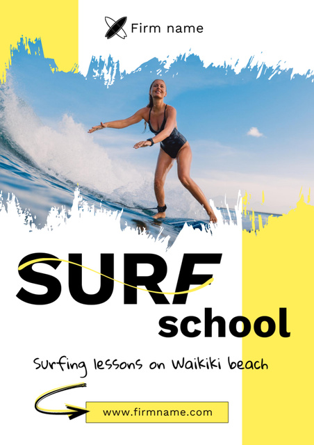 Designvorlage Surfing School Ad with Athletic Young Woman für Poster A3