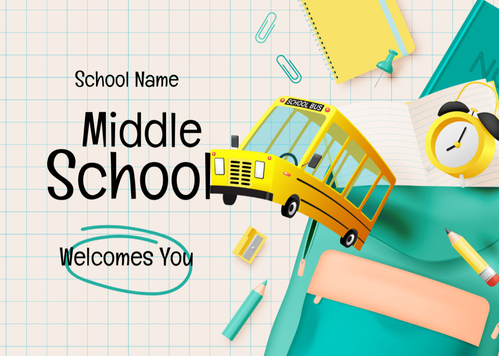 Middle School Welcomes You With Illustration of Bus Postcard 5x7in – шаблон для дизайну