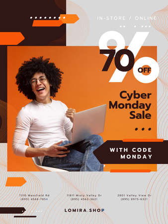 Template di design Annuncio di vendita del Cyber Monday con Happy Man che scrive sul portatile Poster US