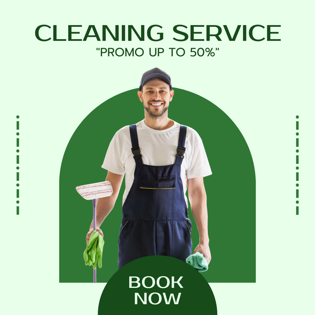 Cleaning Services Promo with Man in Uniform on Green Instagramデザインテンプレート