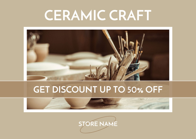 Ceramic Craft With Discount In Beige Card Tasarım Şablonu