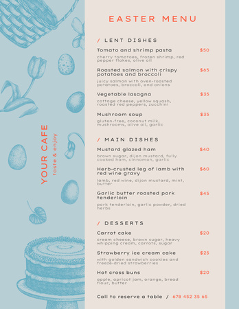 Easter Meals Offer with Sketch of Festive Decor on Blue Menu 8.5x11in Design Template