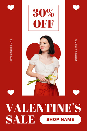 Valentine's Day Discount Offer with Beautiful Brunette Pinterest Design Template