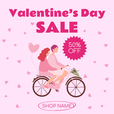 Valentine's Day Sale Announcement with Couple in Love Riding Bicycle Instagram AD Design Template