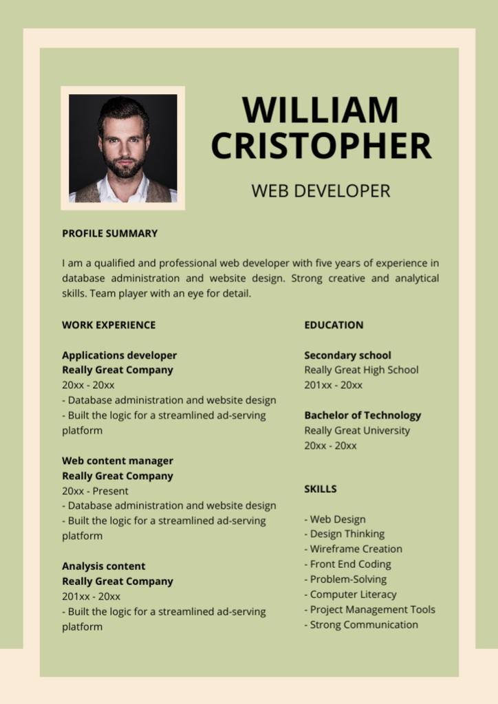 Plantilla de diseño de Web Developer Work Experience Resume 