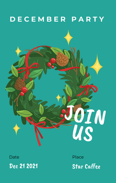 Plantilla de diseño de Winter Holiday Party Announcement with Decorative Wreath on Blue Invitation 4.6x7.2in 