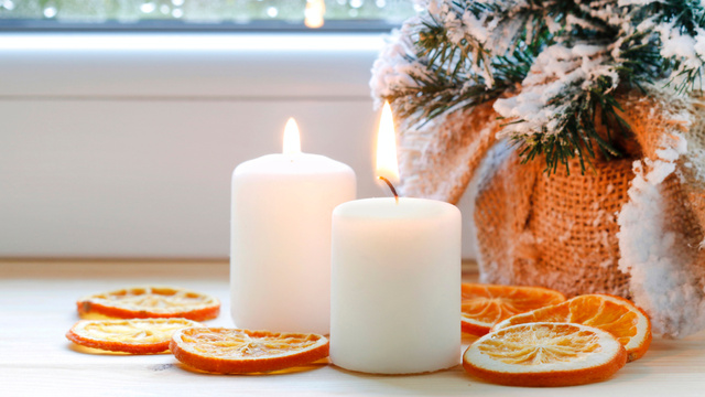 Template di design New Year's Candles and Snow-Covered Fir Branches Zoom Background