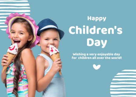Children's Day with Kids Eating Ice Cream Card Tasarım Şablonu