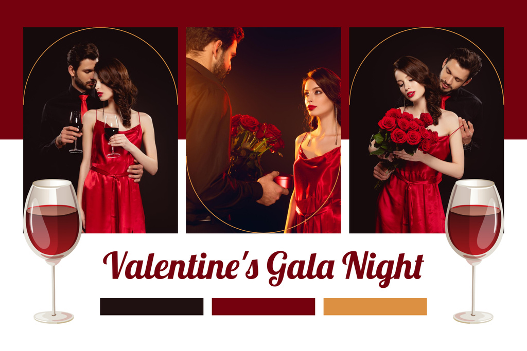 Valentine's Day Gala Night With Wine And Bouquet Mood Board Modelo de Design