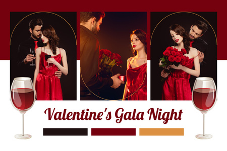 Valentine's Day Gala Night With Wine And Bouquet Mood Board Design Template