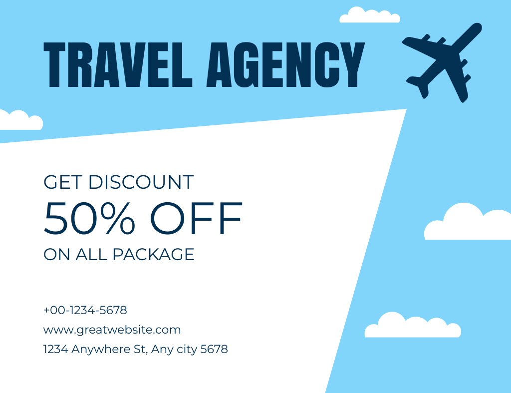 Template di design Discount Offer on All Trip Packages on Blue and White Thank You Card 5.5x4in Horizontal