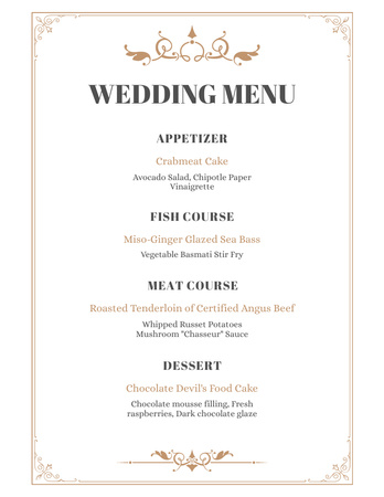 Plantilla de diseño de Lista de comida para bodas adornada con elementos clásicos Menu 8.5x11in 