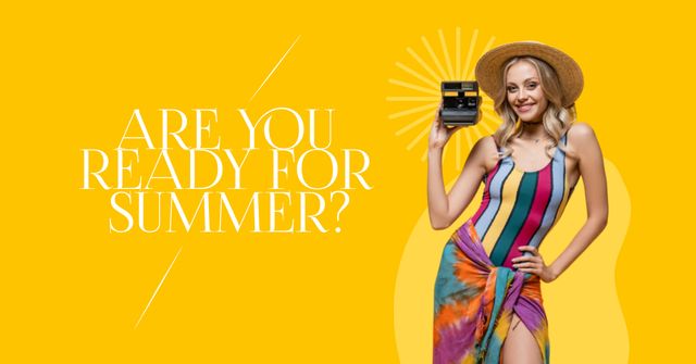 Platilla de diseño Summer Vibes with Happy Woman with Camera Facebook AD