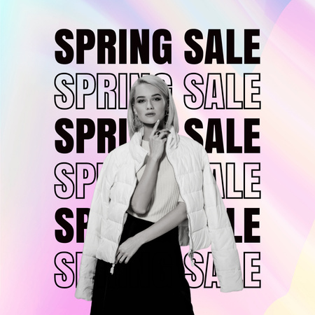 Пропозиція весняного розпродажу з жінкою в білій куртці Instagram – шаблон для дизайну