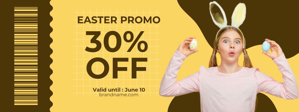 Designvorlage Easter Discount Offer with Teenage Girl in Bunny Ears Holding Easter Eggs für Coupon