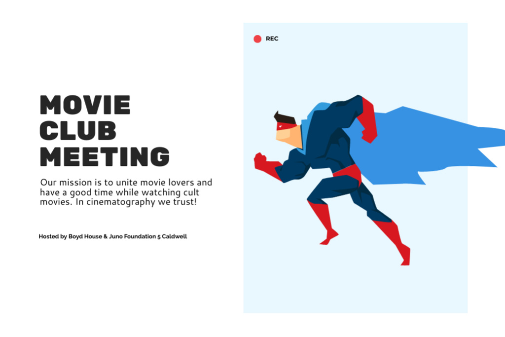 Movie Club Meeting Ad with Man In Superhero Costume Postcard 4x6in Tasarım Şablonu