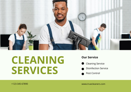 Designvorlage Cleaning Services Ad with Man in Uniform für Flyer A5 Horizontal