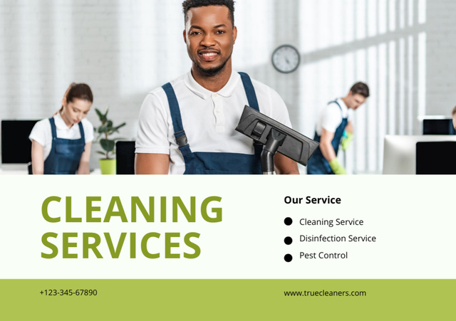 Professional Cleaning Services Ad with Man in Uniform Flyer A5 Horizontal tervezősablon