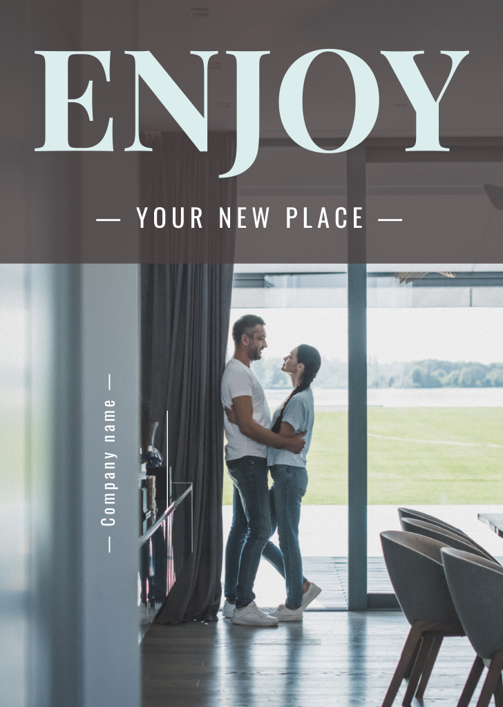 Designvorlage Real Estate With Couple Hugging In Their Home für Postcard A6 Vertical