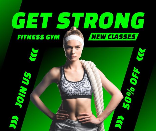 Ontwerpsjabloon van Facebook van New Gym Classes Ad with Woman Holding Battle Ropes