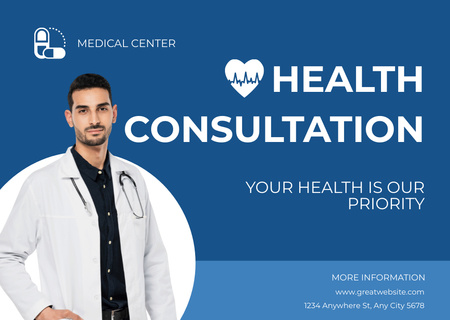 Health Consultation Offer with Young Doctor Card Design Template