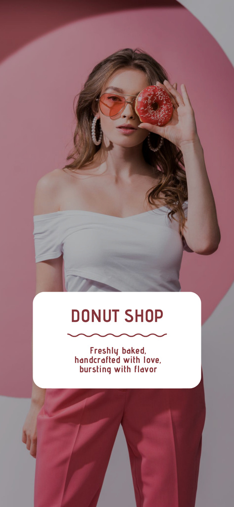 Designvorlage Ad of Doughnut Shop with Beautiful Woman Holding Donut für Snapchat Geofilter