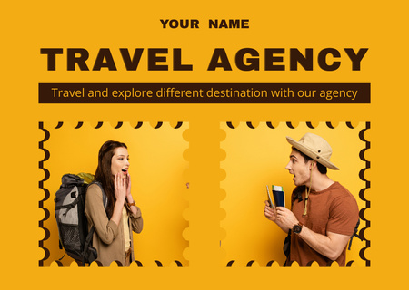 Template di design Excited Tourists on Offer of Travel Agency Card