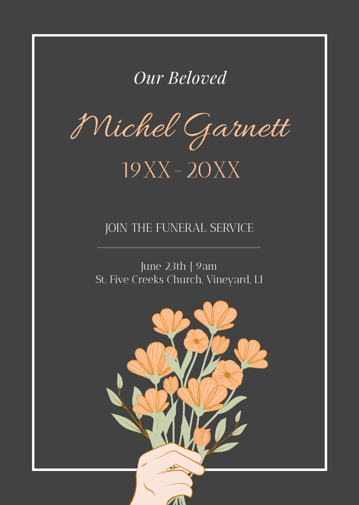 Funeral Ceremony Announcement with Flowers Bouquet in Hand Postcard A6 Vertical Design Template