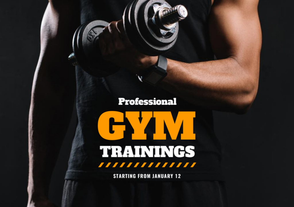 Gym Advertisement with Muscular Powerlifter Flyer A5 Horizontal Design Template