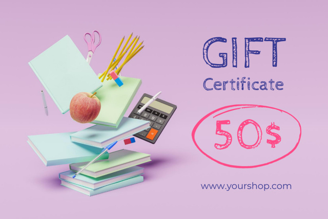 Stationery Discount Ad on Purple Gift Certificate Design Template