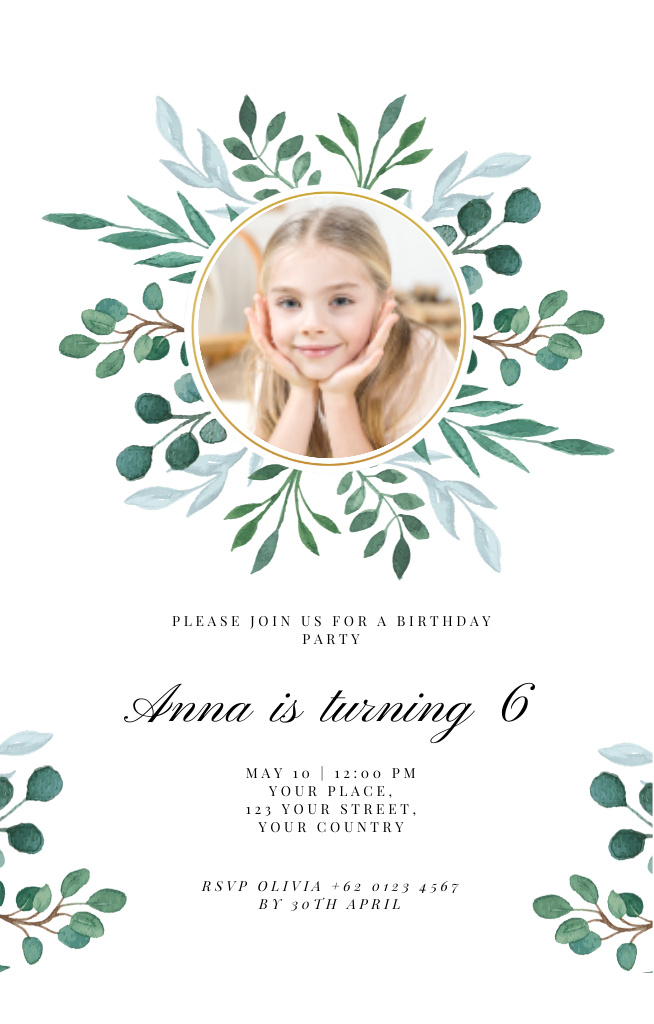 Platilla de diseño Little Girl Birthday Party Announcement With Twigs Invitation 4.6x7.2in