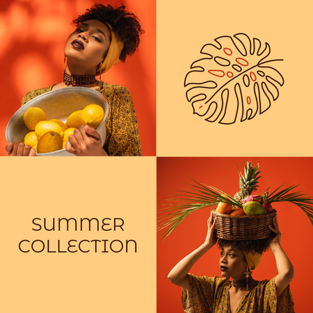 Summer Collection Ad with Woman with Basket of Fruits Instagram Design Template