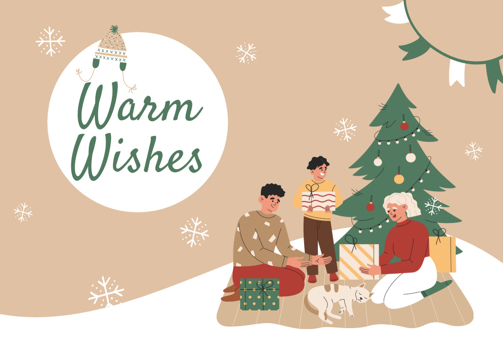 Christmas and New Year Wishes Happy Family Illustration Postcard Tasarım Şablonu