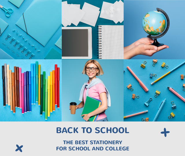 School Sale with Student and Stationery Facebook Modelo de Design