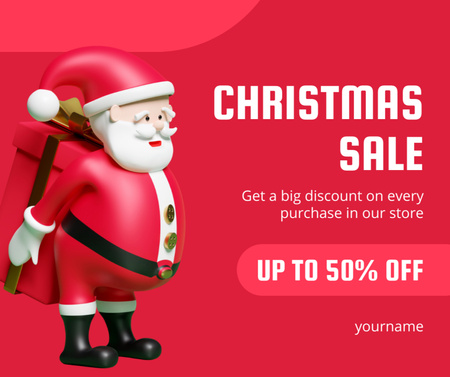 Designvorlage Weihnachtsverkaufsanzeige mit Weihnachtsmann-Figur auf Rot für Facebook