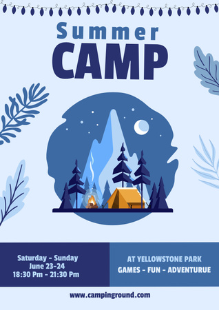 Plantilla de diseño de Anuncio de campamento de verano con luna en las montañas Poster 