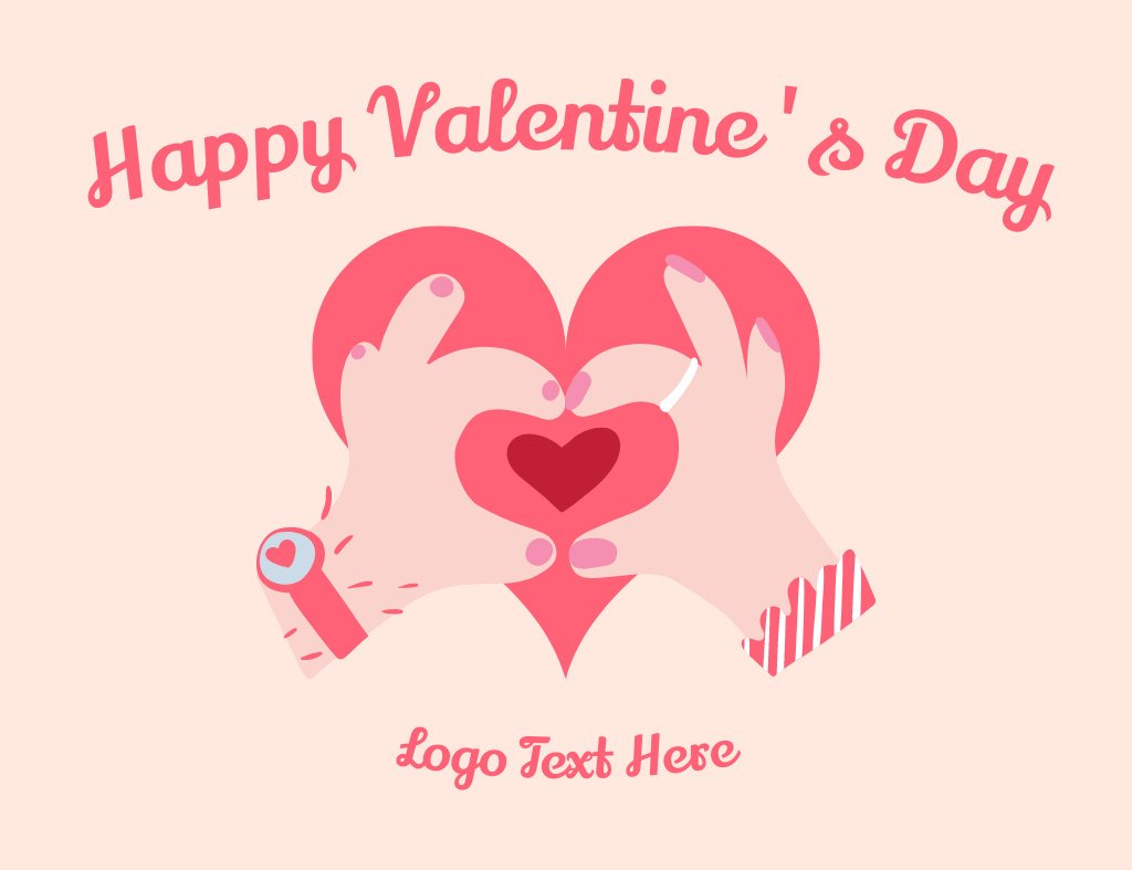 Happy Valentine's Day Greetings With Hands Heart Gesture in Pink Thank You Card 5.5x4in Horizontal Design Template