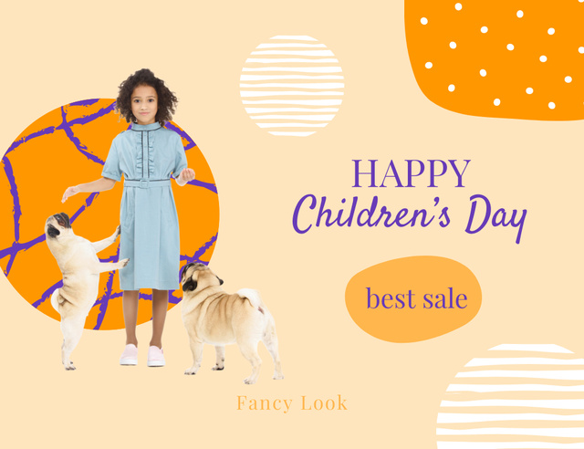 Designvorlage Children's Day Offer with Cute Girl with Pugs für Thank You Card 5.5x4in Horizontal