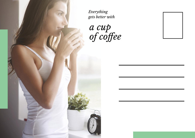 Platilla de diseño Young Woman Drinking Coffee Postcard